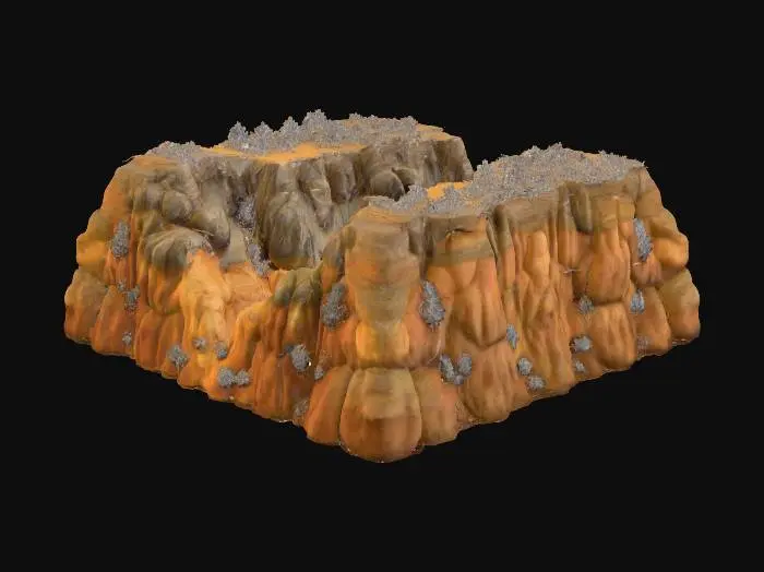 3D model for Eine ausgedehnte, felsige Landschaftsbasis mit sanften Erhebungen und Vertiefungen, die ein weites Tal formen. Im Hintergrund erhebt sich eine majestätische Bergkette mit schroffen, grauen Gipfeln, deren Felsflächen eine raue, erodierte Textur aufweisen. Der Vordergrund ist durch ein tiefes Tal gekennzeichnet, das von einer markanten, gewundenen Spalte durchzogen wird, deren glatte, ausgewaschene Kanten auf zukünftiges Wasser hindeuten. Die Erdoberfläche zeigt erdige Brauntöne und Grüntöne, durchsetzt mit kargen Felsen.
Die Berge haben alle graue Spitzen und sind solide ausgefüllt. In der Mitte vn ader Spalte für den Fluss, ist genügend Platz um einen ganzen Wald herum zu platzieren.