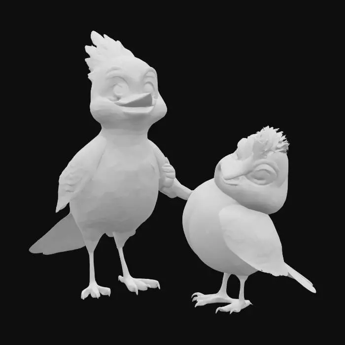 3D model for A 3D stylized cartoon scene of two birds holding hands: a blue jay character with blue and white feathers, big expressive eyes, standing upright on the left, and a red robin character with smooth red and brown feathers, big eyes, standing upright on the right. They are smiling and gently holding each other’s wingtip like holding hands. The style is colorful, playful, and cartoonish with smooth textures.