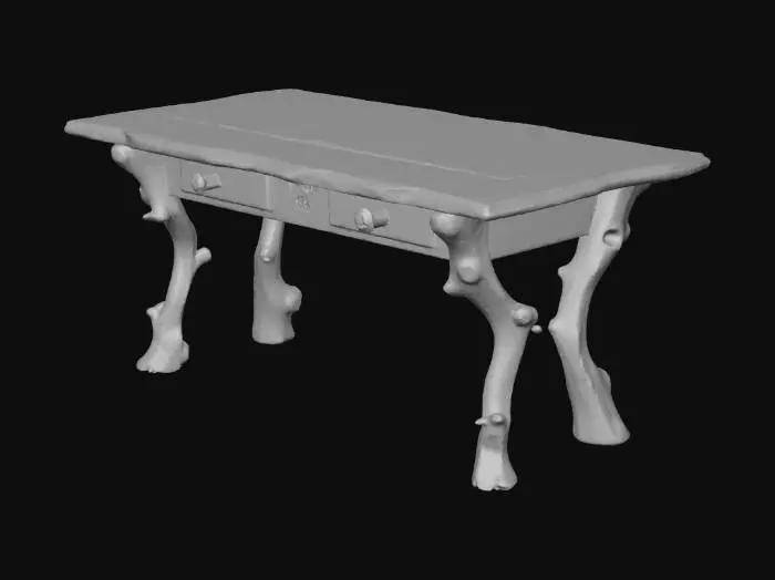 3D model for 魔女が使っていそうな机で、素材は木で、少し歪んでおり、机の脚は細く枝のような形。

机自体は長方形で、脚が長めのもの