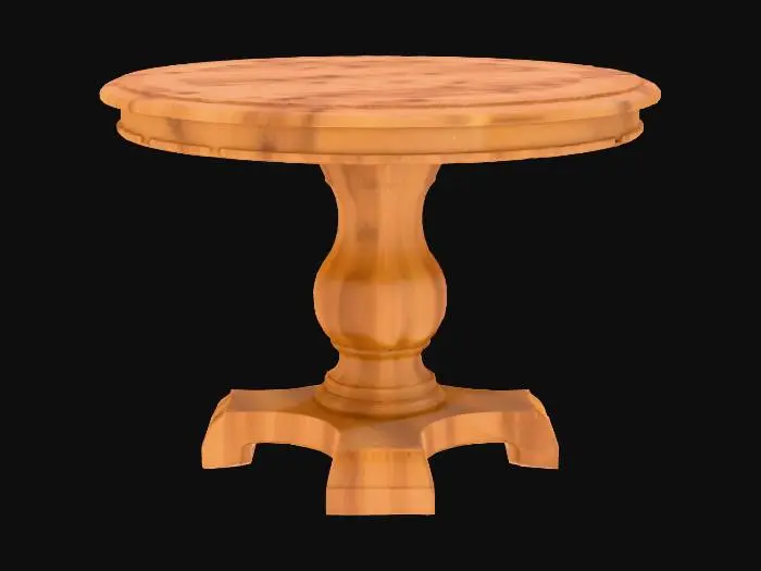 3D model for A low poly, antique-style round wooden table. Designed to fit in an old, vintage library setting. The style should be classic and slightly weathered.