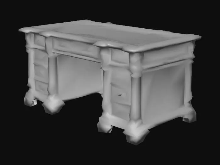3D model for A low poly, large wooden writing desk (or scholar's desk), antique style, with small drawers and brass handles. Fits a vintage library.