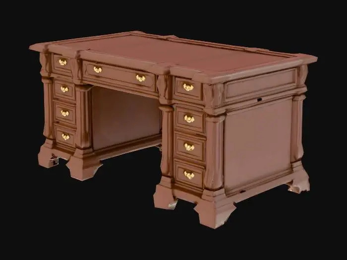 3D model for A low poly, large wooden writing desk (or scholar's desk), antique style, with small drawers and brass handles. Fits a vintage library.