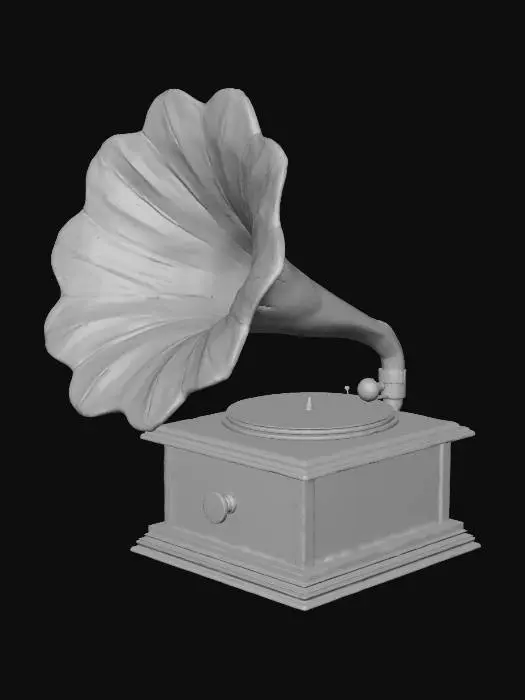 3D model for A low poly, antique-style gramophone (or phonograph). Designed for a vintage library setting, featuring a classic wooden base and a large brass horn. The style should be charming and slightly aged.