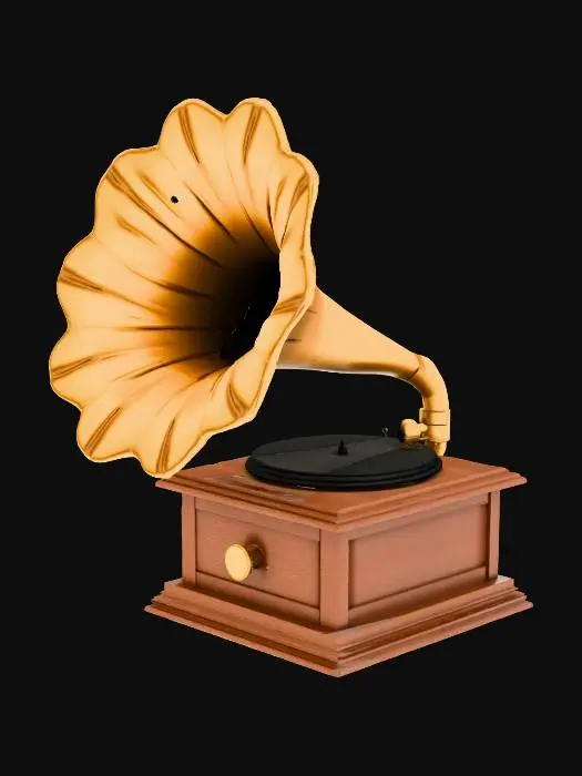 3D model for A low poly, antique-style gramophone (or phonograph). Designed for a vintage library setting, featuring a classic wooden base and a large brass horn. The style should be charming and slightly aged.