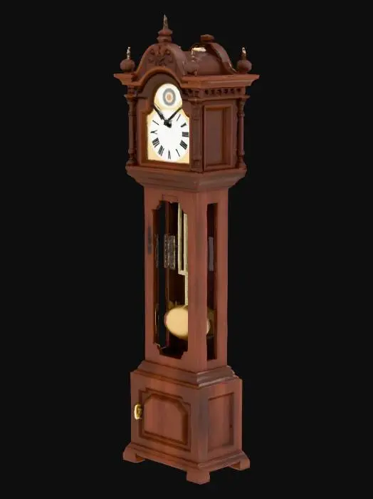 3D model for A low poly, tall grandfather clock, dark wood, vintage design with a visible pendulum.