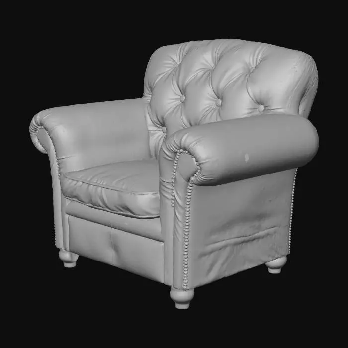 3D model for A low poly, vintage leather armchair, (like a Chesterfield armchair). Comfortable, slightly worn, and button-tufted. Perfect for a cozy library reading corner.