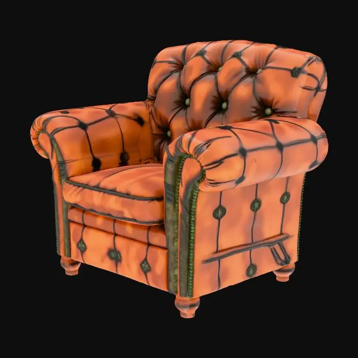 3D model for A low poly, vintage leather armchair, (like a Chesterfield armchair). Comfortable, slightly worn, and button-tufted. Perfect for a cozy library reading corner.
