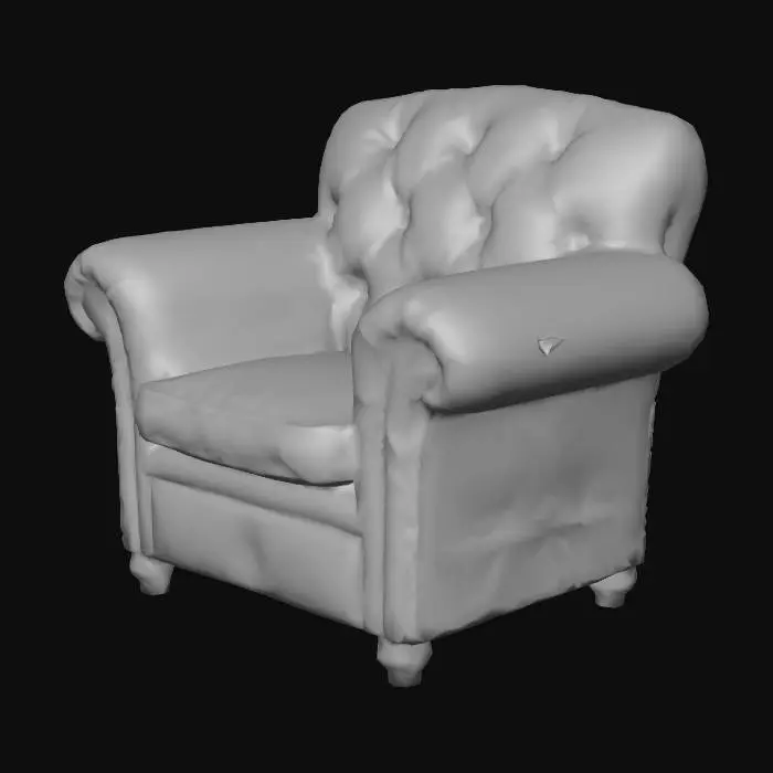 3D model for A low poly, vintage leather armchair, (like a Chesterfield armchair). Comfortable, slightly worn, and button-tufted. Perfect for a cozy library reading corner.