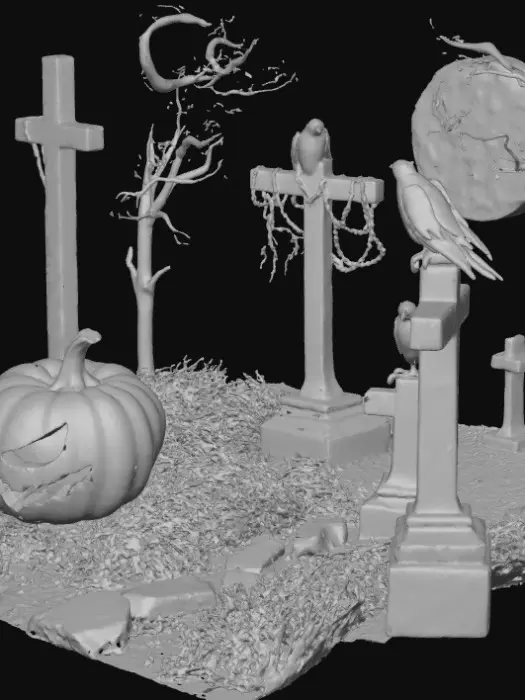 3D model for “A haunting graveyard scene under a moonlit sky, featuring a sinister pumpkin statue rising from cracked tombstones. The pumpkin has a twisted, grinning face carved deep into its surface, glowing with eerie green light. Vines slither from its base like skeletal fingers, wrapping around nearby graves. Fog coils around the ground, and ghostly shadows stretch across the scene. The atmosphere is chilling, with dead trees looming in the background and crows perched ominously on crooked crosses.” , #Halloween2025#