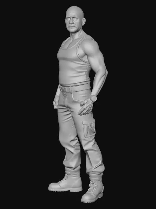 3D model for Create a detailed 3D model of a middle-aged white man resembling Bruce Willis. He should be wearing a white tank top (wife beater), black pants, and a brown belt, and is barefoot. The model will have no items in his hands. Style the figure according to the 3.75 scale G.I. Joe action figures and ensure it is designed or the easiest possible way to slice the limbs for movable joints in Blender. Focus on adding textures that showcase realistic details in the outfit. give him a dad bod