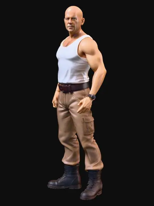 3D model for Create a detailed 3D model of a middle-aged white man resembling Bruce Willis. He should be wearing a white tank top (wife beater), black pants, and a brown belt, and is barefoot. The model will have no items in his hands. Style the figure according to the 3.75 scale G.I. Joe action figures and ensure it is designed or the easiest possible way to slice the limbs for movable joints in Blender. Focus on adding textures that showcase realistic details in the outfit. give him a dad bod