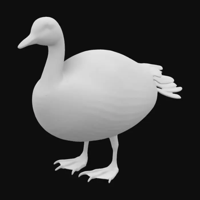 3D model for Create a 3D model of a Red-breasted Goose (Branta ruficollis) with a compact body. The head and neck are black with white patches around the eyes and cheeks. The chest is bright reddish-brown, transitioning to black and white patterns on the sides. The back and wings are black with white stripes. The belly is white. The legs and beak are short and black. Ensure a realistic texture with smooth feather details.