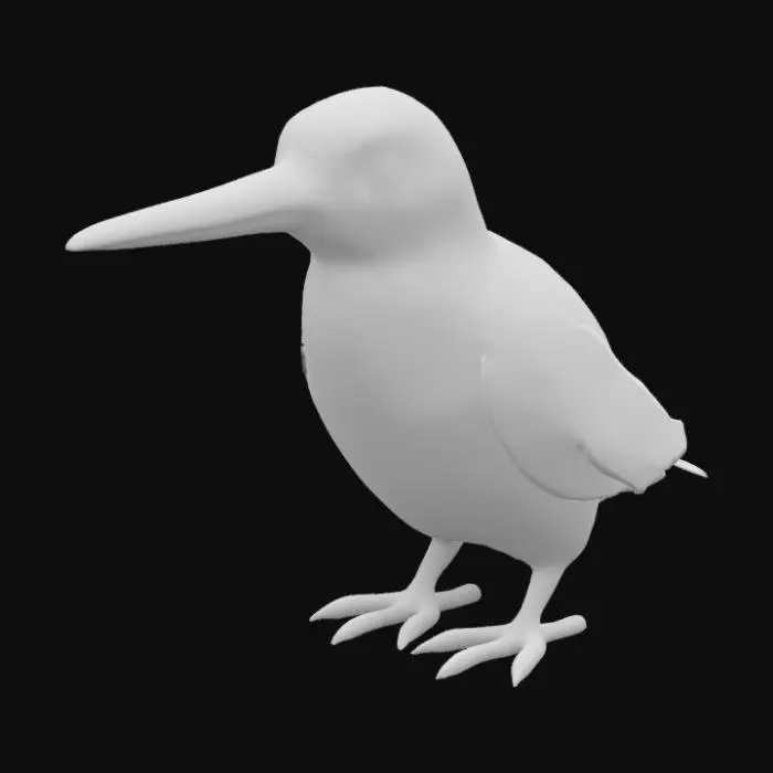 3D model for  (Alcedo atthis). The bird has a compact body with metallic blue-green plumage covering its head, back, and wings, transitioning into vibrant orange underparts. Its head features a long, straight black beak and a white stripe extending behind its dark eyes. The legs and webbed feet are bright orange, slightly textured, and delicate. Ensure the model captures intricate feather detailing, smooth iridescent gradients, and accurate proportions for a realistic appearance.