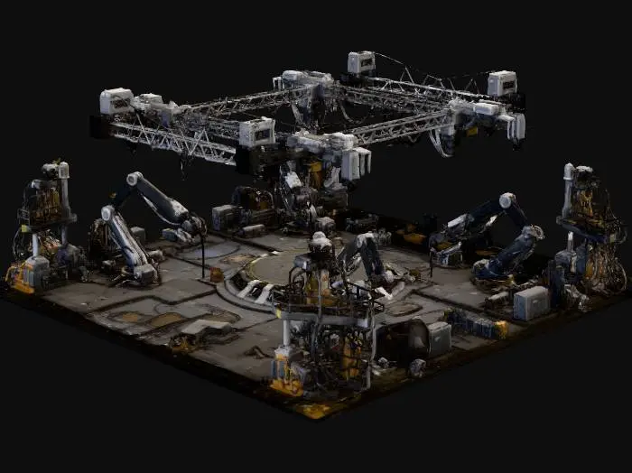 3D model for I want an open cosmic space ship workshop without a ship in place, large machines and equipment for building like large scale 3d printers and cranes