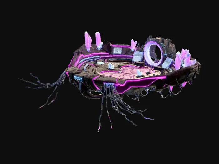 3D model for A vast floating music stage suspended in deep cosmic space, built from glowing obsidian metal and neon-lined stone. The platform curves outward like a ceremonial amphitheater, with holographic speakers, crystalline sound pillars, and cables pulsing with blue-pink energy. Center stage: a massive circular portal ring of radiant violet light, swirling with liquid frequency patterns. Planetary rings and distant galaxies glow behind it. Atmosphere: epic, futuristic, mystical, perfect for a performance scene. Ultra-detailed, cinematic, Neon Universe color palette.