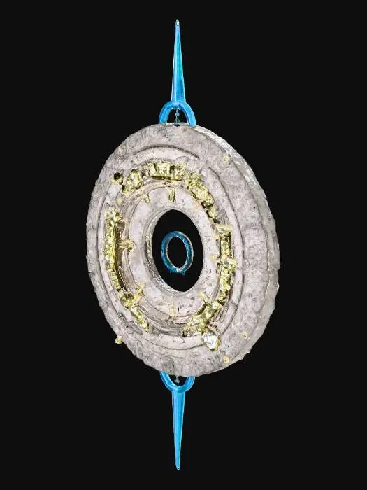 3D model for A vast cosmic structure known as the SoulForge — floating in deep space above glowing planetary rings. Its architecture blends ancient stone and futuristic technology, with radiant neon circuits, orbiting energy rings, and crystal spires pulsing with light. The core emits a rhythmic aura, surrounded by drifting fragments and glowing runes. Epic, celestial scale — detailed, symmetrical, and awe-inspiring.