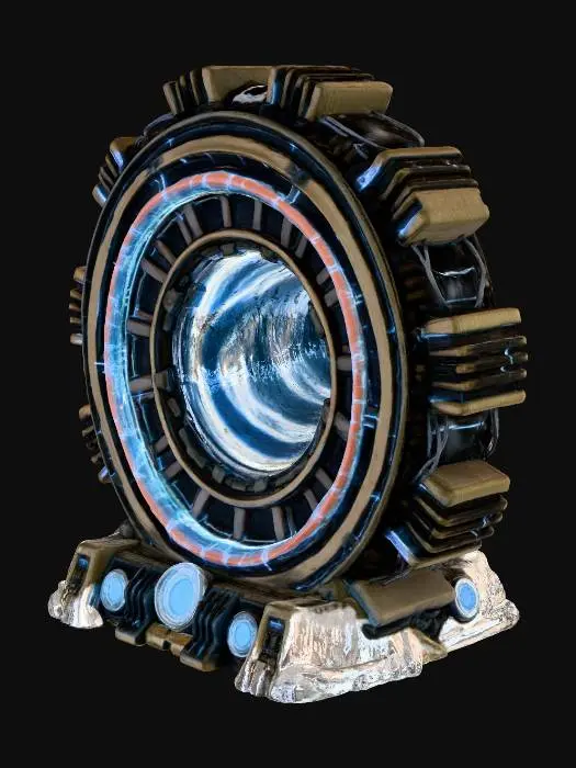 3D model for A giant metallic portal with rotating gear-like rings, plasma coils, and quantum engines. Blue plasma arcs between the rings. Energy turbines hiss with steam. Central wormhole spirals inward with white-blue light. Highly technical, sci-fi-industrial, Unreal-ready design.