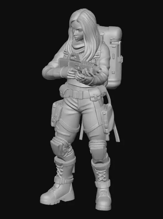 3D model for A full-body sci-fi space miner character, realistic game-ready 3D model.
Female character with long golden blonde hair.
Wearing heavy futuristic mining armor with a backpack power unit.
Holding a high-tech laser gun in hands.
Hard surface armor mixed with fabric suit.
Industrial sci-fi design, practical and rugged.
Neutral T-pose, arms straight horizontally.
Single character, centered.
No skeleton, no rig, no animation.
Clean geometry, suitable for Maya and game engines.