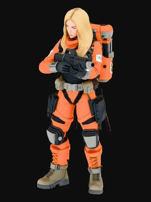 3D model for A full-body sci-fi space miner character, realistic game-ready 3D model.
Female character with long golden blonde hair.
Wearing heavy futuristic mining armor with a backpack power unit.
Holding a high-tech laser gun in hands.
Hard surface armor mixed with fabric suit.
Industrial sci-fi design, practical and rugged.
Neutral T-pose, arms straight horizontally.
Single character, centered.
No skeleton, no rig, no animation.
Clean geometry, suitable for Maya and game engines.