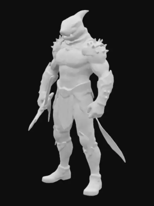 3D model for 生成一个具有未来感和奇幻风格的鲨鱼人角色模型。角色整体设计为半人半鲨的生物，身高约1.8米，体型健壮且肌肉线条分明。头部融合鲨鱼特征：锋利的牙齿、狭长的眼睛、带有鳃裂的面颊，以及流线型的头骨。皮肤呈深灰色，带有金属质感的光泽，表面有类似鲨鱼皮肤的粗糙纹理。上半身穿着带有尖刺的黑色皮质护甲，护甲上有蓝色的荧光线条，仿佛是高科技的能量装置。手臂粗壮，手指修长且带有锋利的爪子。下半身是一条鲨鱼尾鳍，尾鳍宽大且有力量感，能够在水中快速游动。角色手持一把带有鲨鱼牙齿装饰的高科技能量剑，剑身散发着幽蓝色的光芒。整体风格融合科幻与奇幻元素，适合用于一款未来题材的多人在线游戏皮肤。