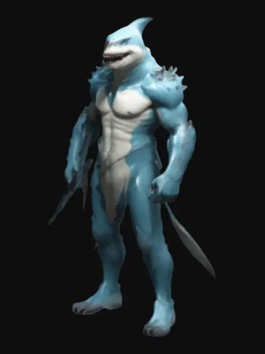 3D model for 生成一个具有未来感和奇幻风格的鲨鱼人角色模型。角色整体设计为半人半鲨的生物，身高约1.8米，体型健壮且肌肉线条分明。头部融合鲨鱼特征：锋利的牙齿、狭长的眼睛、带有鳃裂的面颊，以及流线型的头骨。皮肤呈深灰色，带有金属质感的光泽，表面有类似鲨鱼皮肤的粗糙纹理。上半身穿着带有尖刺的黑色皮质护甲，护甲上有蓝色的荧光线条，仿佛是高科技的能量装置。手臂粗壮，手指修长且带有锋利的爪子。下半身是一条鲨鱼尾鳍，尾鳍宽大且有力量感，能够在水中快速游动。角色手持一把带有鲨鱼牙齿装饰的高科技能量剑，剑身散发着幽蓝色的光芒。整体风格融合科幻与奇幻元素，适合用于一款未来题材的多人在线游戏皮肤。