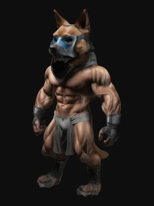 3D model for Köpek başlı kedi vücudlu kaslı ve maske takıyor
