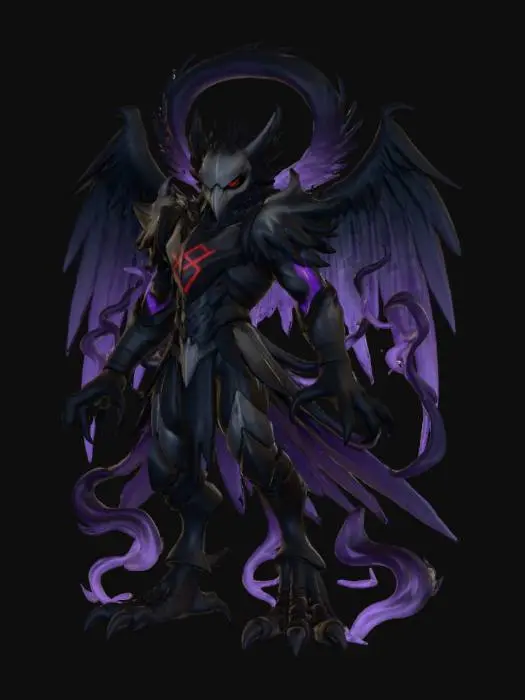 3D model for Dark mega-level creature named AbyssRavemon, a terrifying hybrid of a raven and a werewolf with demonic shadow powers. 
Tall humanoid beast clad in jagged black gothic armor, raven-skull helmet with glowing red eyes, 
massive torn raven wings, four arms (two physical clawed arms and two made of swirling shadow mist), 
shadow halo made of feather-like darkness behind the head, 
glowing red chest sigil, talon-shaped feet, 
flowing smoke-like tendrils surrounding the body, 
dark purple and black color palette, intense anime shading, 
powerful menacing silhouette, high-detail 2D illustration, Digimon-style final evolution design.

no effects, no dynamic pose, clear details for 3D model creation.