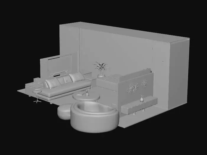 3D model for A modern luxury living room interior inspired by a high-end exhibition booth layout, designed with soft neutral color combinations such as beige, warm white, light taupe, and soft wood tones. Built-in wall units with subtle warm LED strip lighting, minimalist shelving with decorative objects, and a mounted TV panel. Large L-shaped fabric sofa in cream, rounded accent chair, low round wooden coffee table, textured area rug, indoor plants for freshness. Soft indirect lighting, balanced composition, clean lines, spacious layout, calm and elegant atmosphere. Photorealistic, ultra-detailed, natural light, 8K resolution, interior design photography style.