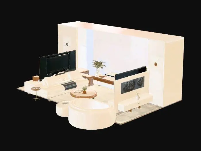3D model for A modern luxury living room interior inspired by a high-end exhibition booth layout, designed with soft neutral color combinations such as beige, warm white, light taupe, and soft wood tones. Built-in wall units with subtle warm LED strip lighting, minimalist shelving with decorative objects, and a mounted TV panel. Large L-shaped fabric sofa in cream, rounded accent chair, low round wooden coffee table, textured area rug, indoor plants for freshness. Soft indirect lighting, balanced composition, clean lines, spacious layout, calm and elegant atmosphere. Photorealistic, ultra-detailed, natural light, 8K resolution, interior design photography style.