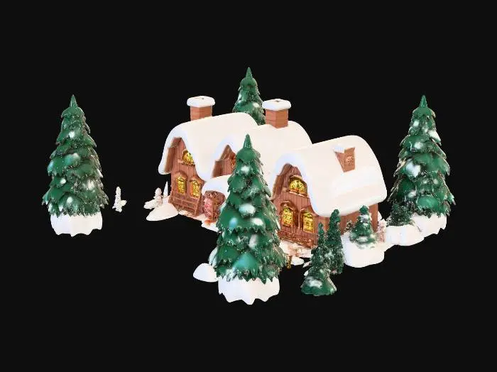 3D model for Pixar-style Santa’s workshop exterior environment as a single complete 3D model.
A cozy North Pole workshop building with rounded, toy-like architecture and smooth proportions. Snow-covered roofs with gentle curves, fully visible from top to bottom. Warm glowing windows, simple wooden doors, soft fur-trimmed awnings, subtle Nordic-inspired patterns. Friendly holiday decorations such as oversized candy-cane posts and lanterns.
A large, flat snowy courtyard in front of the workshop, clean ground plane with no holes, suitable for characters to stand and move on. Ground should be mostly flat with very gentle slopes only.
No characters included. No vehicles. No crowds. No extreme micro-detail.
Style should match a Pixar-style animated reindeer and Santa character: soft materials, simplified