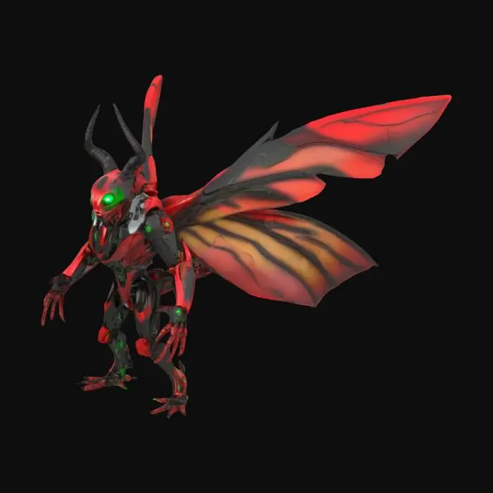 3D model for антропоморфный Дрон-бот со стилизацией под насекомое  божью коровку, красно-черные цвета, крылья, брутальность, красный хромированный металл высочайшей детализации, зеленые фонари- глаза, высочайшая детализация, высокая детализация грязи, хромированные-углепластиковые вставки сверхвысокой детализации, сверхвысочайшая детализация 8k, высочайшая детализация отражений, ,HDR