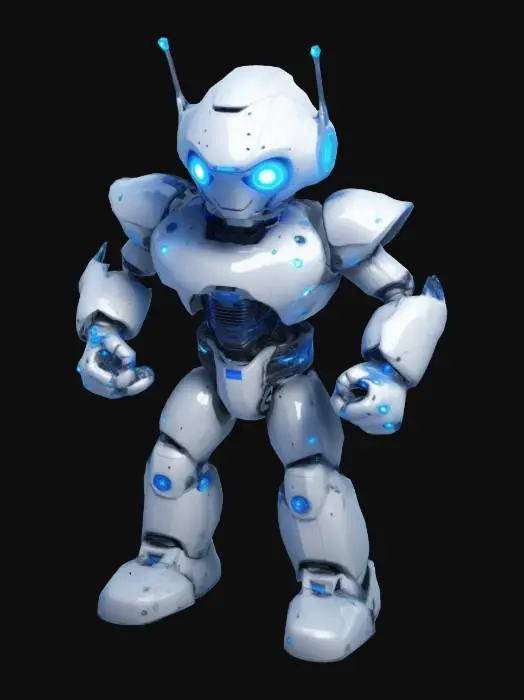 3D model for cartoonish fighter robot with blue light eyes also he have fists