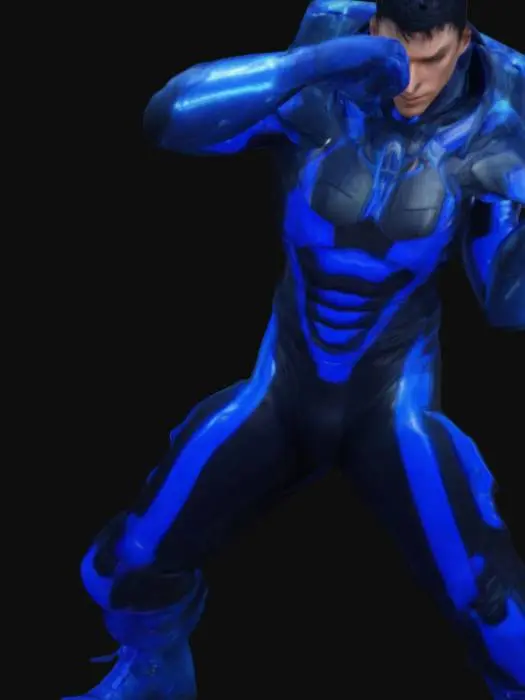 3D model for A futuristic sci-fi male character in a T-pose. Athletic build, 175 cm tall, short black hair. Wears a tight black and navy-blue armored suit with glowing blue lines on knees and elbows. Gloves with retractable claws for climbing. Lightweight boots for acrobatic flips and strong kicks. Focused, determined face. Small holographic display on his back. Ultra-realistic detail, studio lighting.