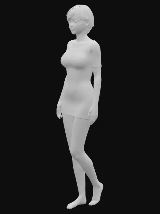 3D model for 短い黒髪の女の子　両耳が見えている　髪は耳より少し短い　肌は色白でほんのりとピンク　リアルな質感　裸足　
華奢な体型でウエストが細い　襟足は刈り上げている
タイトな白いミニ丈のワンピースを着ている　片足に体重をかけている

