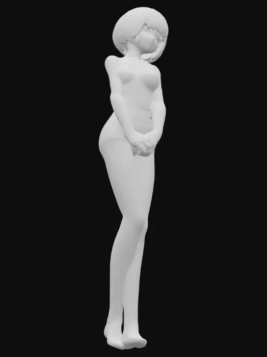 3D model for 短い黒髪の女の子 両耳が見えている 髪は耳より少し短い 肌は色白でほんのりとピンク アニメ調 裸足
華奢な体型でウエストが細い 襟足は刈り上げている
胸元が開いていて、おへそが見える丈の白い肩紐が紐のキャミソールと黒いショーツを履いている 片足に体重をかけている