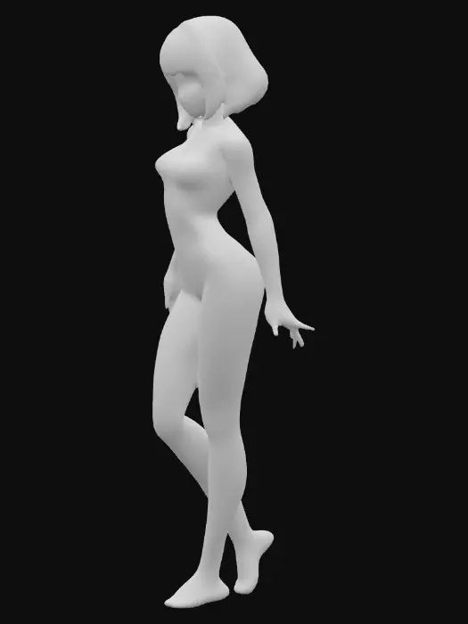 3D model for 短い黒髪の20代の女性 両耳が見えている 髪は耳より少し短い 肌は色白でほんのりとピンク アニメ調 裸足
華奢な体型でウエストが細い 襟足は刈り上げている
胸元が開いていて、おへそが見える丈の白い肩紐が紐のキャミソールと黒いショーツを履いている 片足に体重をかけている