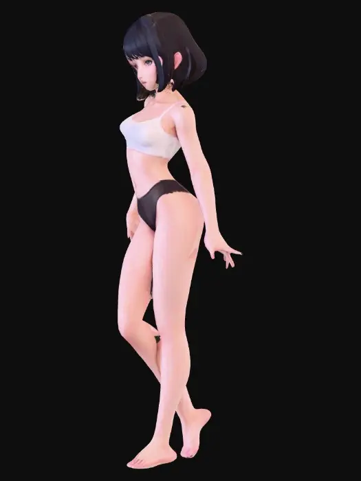3D model for 短い黒髪の20代の女性 両耳が見えている 髪は耳より少し短い 肌は色白でほんのりとピンク アニメ調 裸足
華奢な体型でウエストが細い 襟足は刈り上げている
胸元が開いていて、おへそが見える丈の白い肩紐が紐のキャミソールと黒いショーツを履いている 片足に体重をかけている