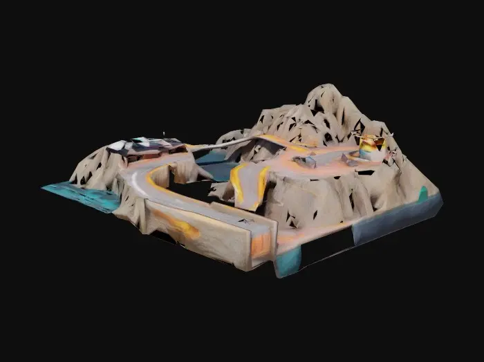 3D model for A futuristic race track built on the cliffs of Monaco, weaving along the coastline and snaking between luxurious Monte Carlo-style casinos. The track features sharp turns, tunnels through rock, and glass bridges suspended over the ocean. Palm trees line parts of the course, with glowing neon track lights for nighttime racing. The cliffs drop steeply into bright turquoise water, with luxury yachts anchored below. High-end architecture and classic European charm blend with a racing aesthetic.