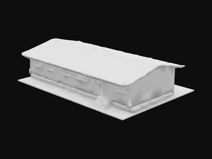 3D model for Create a low-poly, stylized 3D model of military army barracks for a Unity game. The barracks should be a long rectangular structure with a green or camo-colored exterior, metal roof, and small windows along the sides. Add a few exterior details like a wooden door, steps, vents, and sandbags around the base. The model should be game-ready, optimized for real-time use, with no interior and a clean UV map for easy texturing. Keep poly count low to medium for mobile or indie game performance."