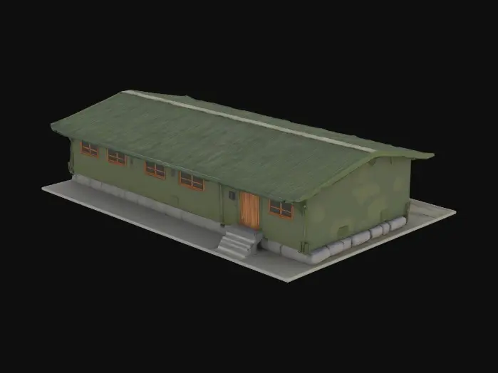 3D model for Create a low-poly, stylized 3D model of military army barracks for a Unity game. The barracks should be a long rectangular structure with a green or camo-colored exterior, metal roof, and small windows along the sides. Add a few exterior details like a wooden door, steps, vents, and sandbags around the base. The model should be game-ready, optimized for real-time use, with no interior and a clean UV map for easy texturing. Keep poly count low to medium for mobile or indie game performance."