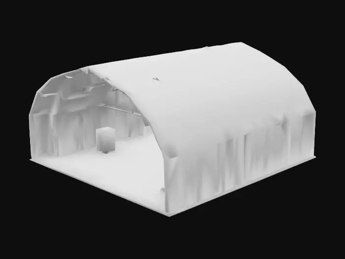 3D model for Create a low-poly, stylized 3D model of a military aircraft hangar for a Unity game, matching the aesthetic of army barracks. The hangar should be a semi-cylindrical Quonset hut-style structure with a green or camo-painted metal exterior and large sliding doors at the front. Add simple details like support beams, vents, and warning signs. Keep the design game-ready with no interior and optimized geometry for real-time rendering. The model should have a clean UV layout and be suitable for mobile or indie games