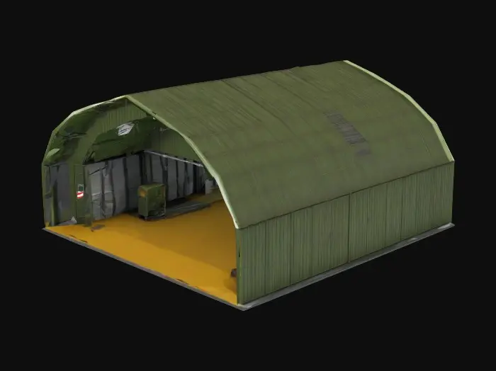 3D model for Create a low-poly, stylized 3D model of a military aircraft hangar for a Unity game, matching the aesthetic of army barracks. The hangar should be a semi-cylindrical Quonset hut-style structure with a green or camo-painted metal exterior and large sliding doors at the front. Add simple details like support beams, vents, and warning signs. Keep the design game-ready with no interior and optimized geometry for real-time rendering. The model should have a clean UV layout and be suitable for mobile or indie games