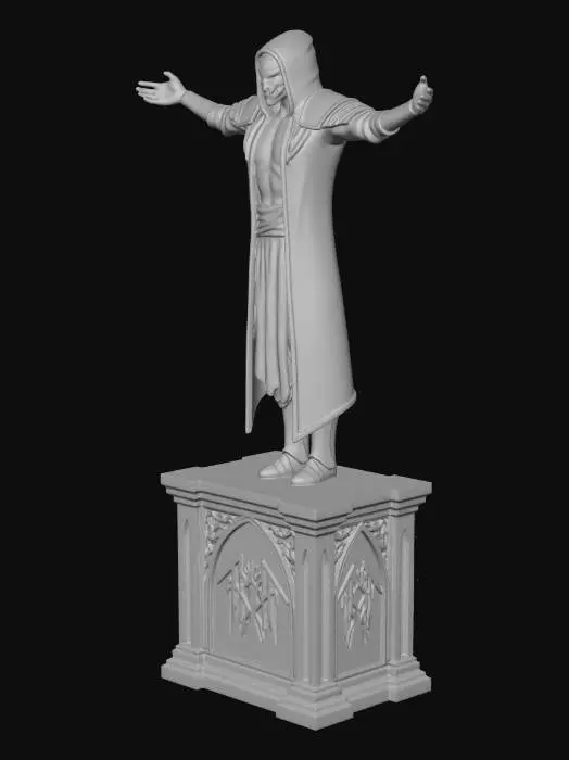 3D model for Vessel the lead singer from the band sleep token standing with arms open in almost a crucifixion pose and looking forward sinisterly.  He is on a stand with a gothic alter in front of him that is engraved with the main Sleep Token Logo.  It should be a uniform color statue but the mask should be white and red accurate to the real design along with the shoulder decoration.