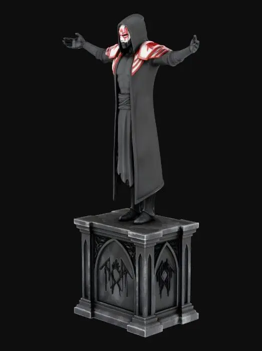 3D model for Vessel the lead singer from the band sleep token standing with arms open in almost a crucifixion pose and looking forward sinisterly.  He is on a stand with a gothic alter in front of him that is engraved with the main Sleep Token Logo.  It should be a uniform color statue but the mask should be white and red accurate to the real design along with the shoulder decoration.