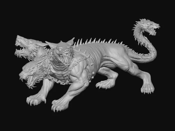 3D model for The object is a three-headed, muscular dog-like creature with a scaly, snakelike tail, glowing red eyes, sharp teeth, and a detailed, rugged texture with chains and spikes.,
