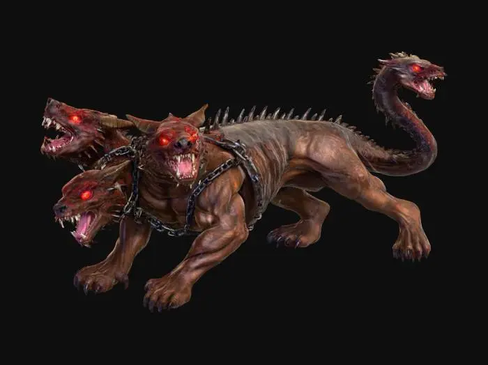 3D model for The object is a three-headed, muscular dog-like creature with a scaly, snakelike tail, glowing red eyes, sharp teeth, and a detailed, rugged texture with chains and spikes.,