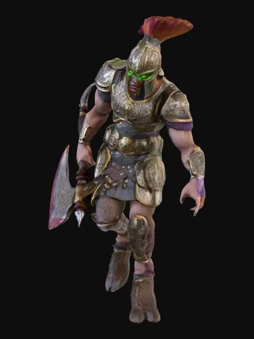 3D model for The figure has a muscular and humanoid form with intricate, ornate armor featuring engraved patterns, a crested helmet, and textured, coarse skin with a reddish hue, while wielding a bloodstained, ornate weapon.,