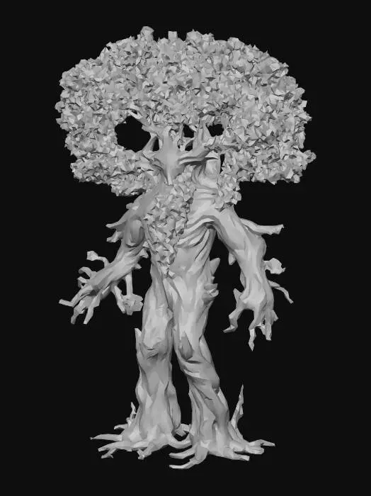 3D model for The object is a humanoid, tree-like figure with a robust, textured bark surface, leafy foliage forming its crown, and branch-like appendages resembling limbs.