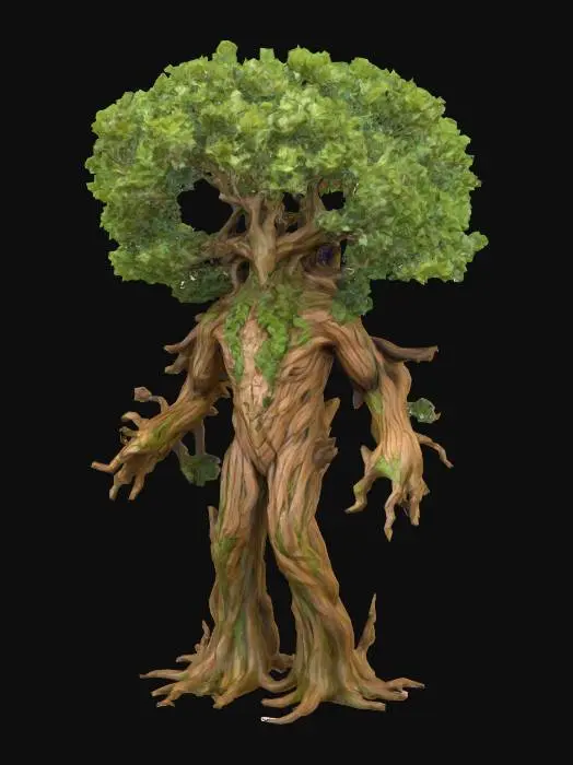 3D model for The object is a humanoid, tree-like figure with a robust, textured bark surface, leafy foliage forming its crown, and branch-like appendages resembling limbs.