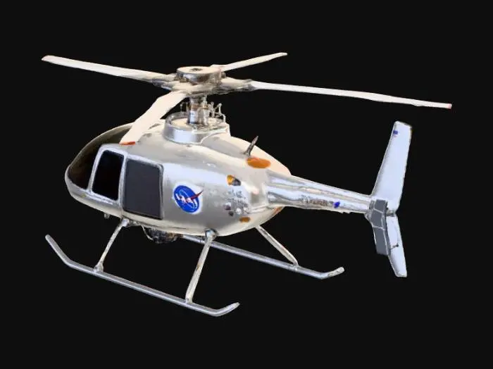 3D model for NASA Ingenuity Mars helicopter, realistic 3D model, four rotor blades, lightweight structure, solar panel on top, thin landing legs, metallic and carbon fiber look, high detail, technical design